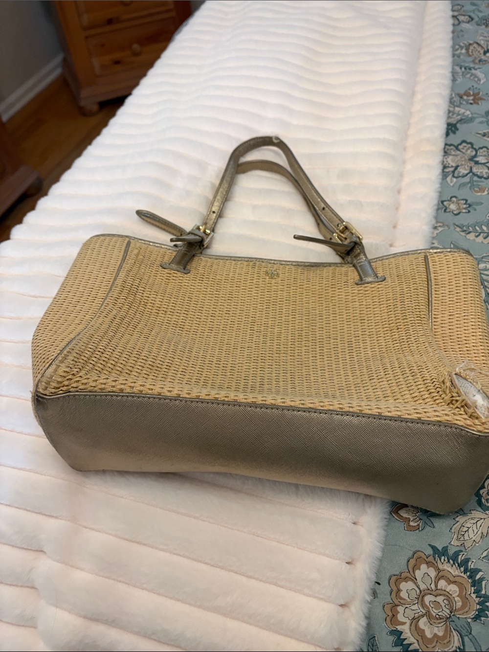 Woven Straw Tote Bag with Metallic Trim - Beige